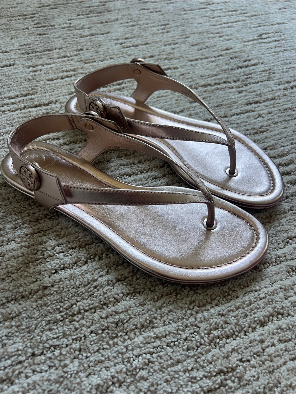 Tory Burch Metallic Rose Gold Logo Thong Sandals